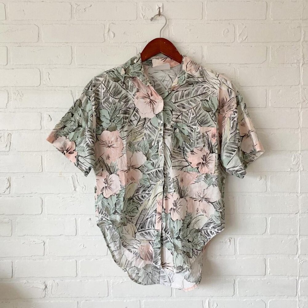 90s vintage floral button up pink green and cream